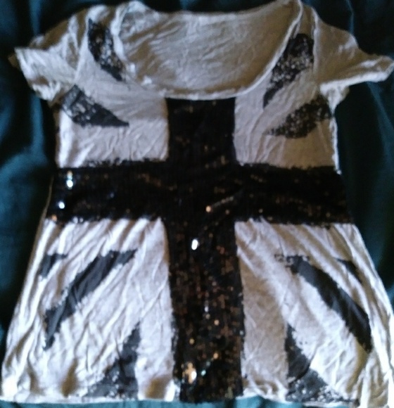 Black n white British flag sequin Tee - Picture 1 of 4